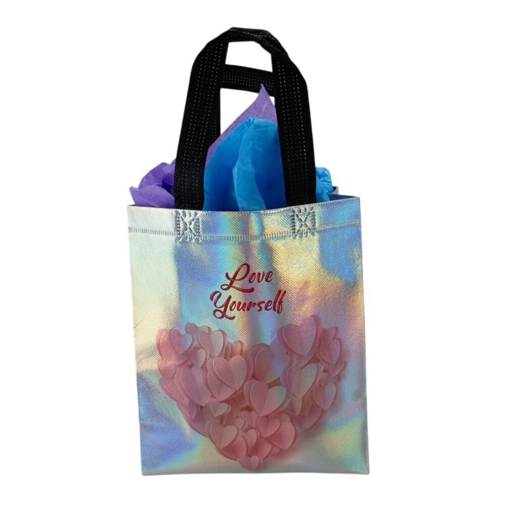 Set of 6 Reusable Gift Bags With Holographic Finish Love yourself with Pink Hear